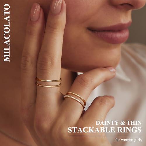 MILACOLATO 14K Gold Plated 1.3mm Thin Stackable Rings for Women - Minimalist Non Tarnish Half Cubic Zirconia Band Rings - Dainty Trendy Statement Stacking Rings Set Size 5-10 - color: 14K Gold