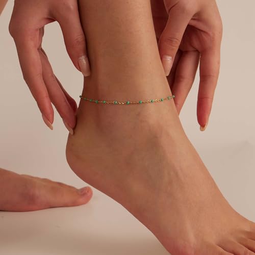 Dainty Ankle Bracelets for Women 18K Gold Plated Satellite Beaded Herringbone Lip Chain Anklets Simple Minimalist Summer Beach Foot Jewelry Christmas Gifts - color: Green Beads-Gold