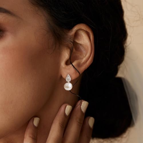 Pearl Earrings for Women, Dainty Wedding Bridal Earrings 14k Gold Plated CZ Pearl Drop Earrings for Women Trendy Hypoallergenic Unique Gold Drop Earrings Fashion Prom Jewelry - color: Silver-J