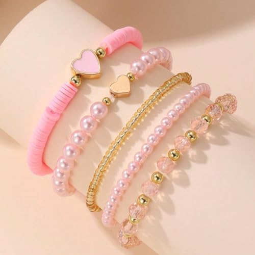 Caiyao Bohemia Multilayer Heart Imitation Pearl Beaded Stackable Bracelets Set Colorful Surfer Heishi Clay Gold Beads Stretch Bracelets for Women Men Summer Beach Boho Vacation Jewelry Gifts - color: Pink