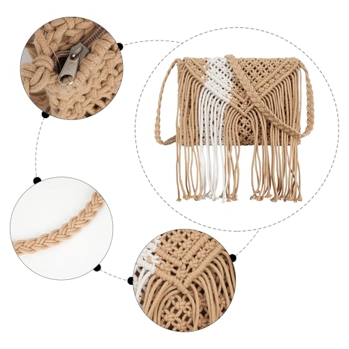 Goclothod Women Crochet Fringed Shoulder Bag Cotton Tassel Crossbody Bag Hippie Beach Purse - color: Elegant