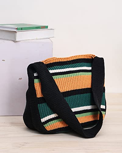 ENBEI Women's Crochet Tote Bag Knit Shoulder bag,Aesthetic Bag,Cute Eco-Friendly Tote for Travel,Daily Use,Gift Box Packaging - color: Black-a