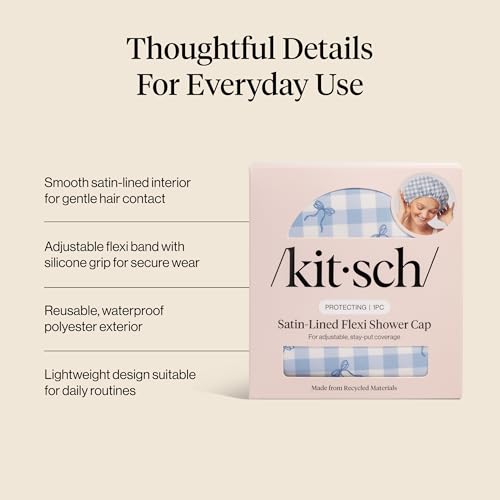 Kitsch Luxury Satin-Lined Flexi Shower Caps for Women Reusable Waterproof - Large Wide Shower Cap for Women & Men, Adjustable, Stylish Hair Cap for Showers, For Long & Short Hair - Gingham Blue - color: Gingham Blue