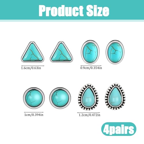 4 Pairs Western Turquoise Stud Earrings Set for Women, Bohemian Vintage Ear Studs (Oval, Round, Square), Statement Earrings Southwestern Cowgirl Jewelry Accessories Gifts