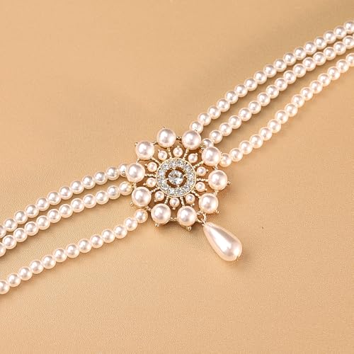 Bethynas Boho Layered Pearl Rhinestones Choker Necklace Vintage Chunky Pearl Crystal Pendant Short Necklace Chain Bridal Prom 1920s Costume Party Jewelry for Women - color: Pearl 5