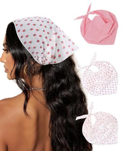 AWAYTR 3Pcs Hair Bandanas Head Kerchief for Women Girls Tie-Back Boho Hair Scarf Headband Bandana Triangle Head Scarf - color: Red Grid + Strawberry + Flowers