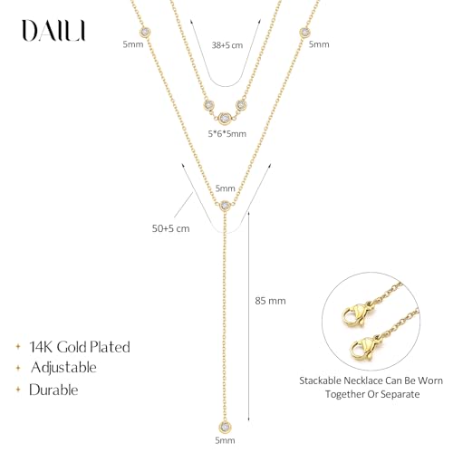 DALI Long Gold Necklaces for Women, Dainty Layered Sterling Silver Plated Y Shaped Necklace Stack Non Tarnish Cross CZ Pendant Long Chain Choker Adjustable Necklaces Jewelry for Vacation Christmas - color: Gold CZ Long Necklace