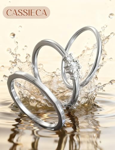 CASSIECA Non Tarnish 14K Gold Plated Stackable Rings for Women Cubic Zirconia Band Rings Set Dainty Trendy Statement Engagement Promise Stacking Ring Size 5-10 - color: Silver