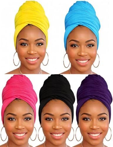 Head Wraps for Black Women, Breathable Headwrap Soft Long Hair Wraps Wide Headscarves for Locs Braids - color: 5pcs-(black,purple,rose Red,yellow,sky Blue)