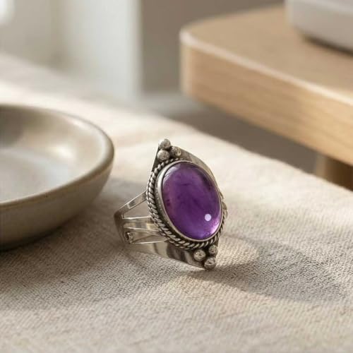 Handmade 925 Sterling Silver Plated Ring Natural Gemstone Carnelian, Rose Quartz, Tiger Eye, Crystal Oval Boho Jewelry For Women - color: Amethyst