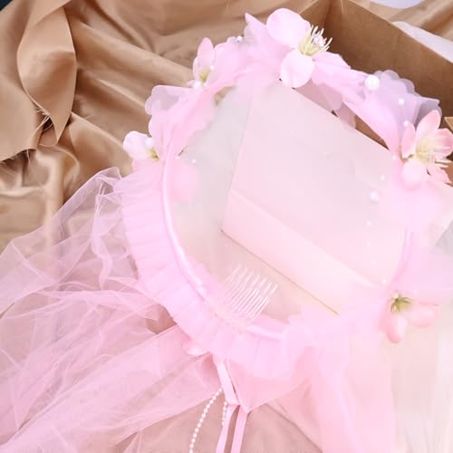 Artificial Flower Crown Headband for Women Girls – Boho Floral Wreath Halo for Weddings, Photoshoots, Festivals, Birthdays, and Costume Parties (Pink Peach Blossom, Adjustable) - color: Pink Peach Blossom
