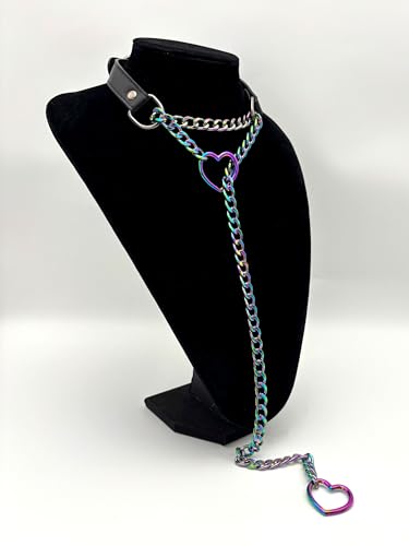 Black Leather Choker Collar For Women, Handmade Heart Slip Chain Choker Long Necklace with Adjustable Buckle - color: B-Black-Rainbow-Rainbow, size: 24''chain