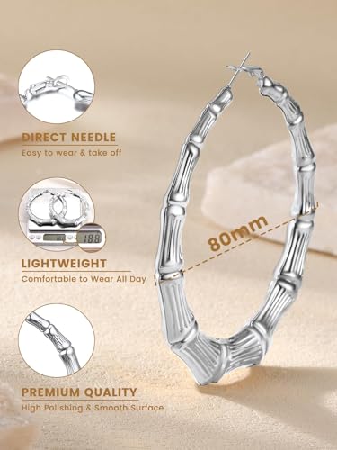 KeyStyle Bamboo Hoop Earrings for Women, Stainless Steel 90s Hoops Earring Lightweight Loops for Party, 2 mm Thick Hypoallergenic Vintage Circle Endless Thin Hoop (40mm, 60mm, 80mm,) - color: Stainless Steel-80mm