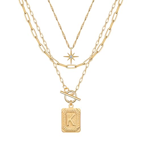 Paxuan Dainty Gold 3-Layer Personalized Initial Necklace for Women - 18K Gold Layered Letter Pendant Necklace Adjustble Paperclip Chain Choker Necklace Jewelry Gifts with Star Charm - style: Letter K