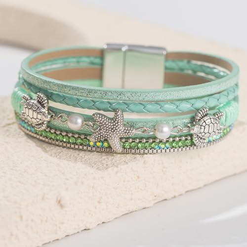 FANCY SHINY Turtle Starfish Leather Wrap Bracelet Boho Rhinestone Pearl Cuff Bracelets for Women Summer Beach Jewelry for Women - color: Green