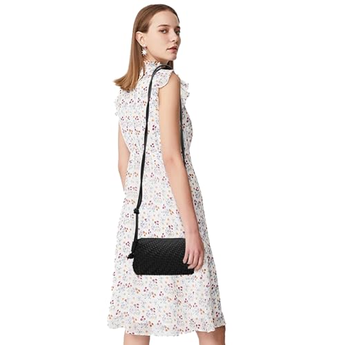Woven Crossbody Bags for Women Handwoven Purses Vegan Leather Small Handbag Handmade Shoulderbag | Lightweight - color: Black