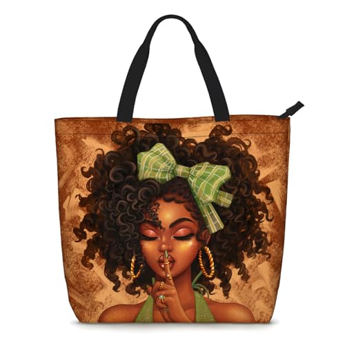 African American Women Tote Bag Black Shoulder Handbag For Women Fit Work Beach Labtops With Zip - color: Black Women 4