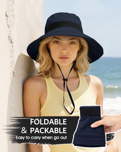 Senker Fashion Sun Hats for Women UV Protection, Waterproof Ponytail Wide Brim Bucket Hat for Summer Beach Gardening Travel - color: Blue