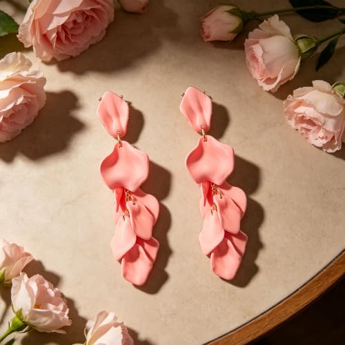 Long Acrylic Rose Petal Earrings Dangle Exaggerated Flower Earrings Drop Statement Floral Tassel Earrings for Women - color: Long Acrylic Rose Petal Earrings-Pink