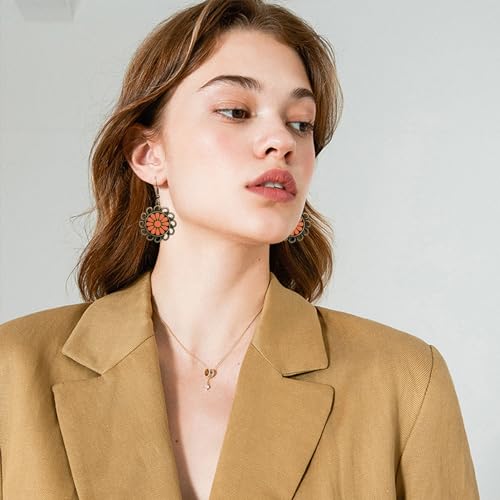 Bohemian Lightweight Vintage Copper Enamel Flower Hollow Dangle Drop Earrings Handmade Retro Circle Floral Hook Earrings For WomenJewelry Gifts - color: Orange