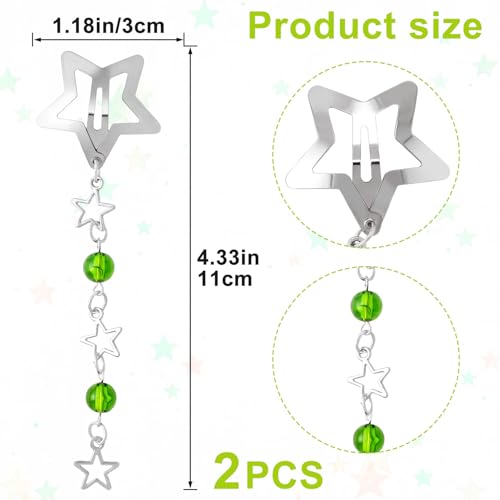 Pndeyo 2pcs Star Tassels Hair Clips for Women, Non-Slip 2000s Y2K Hair Snap Barrettes with Green Bead, Cute Star Beaded Pendant Hair Pin Accessories for Braid Long Short Thin Thick Hair- Silver - color: Silver-2pcs-A Style