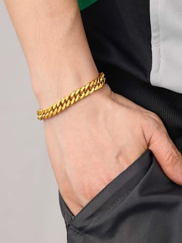 ChainsHouse Stainless Steel Cuban Link Bracelet, 8mm/12mm/17mm Width, 7.5"/8.3"/9", 18K Gold Plated Chain Wrist Bracelets for Men Women, Send Gift Box - color: V: Gold-8mm width-custom