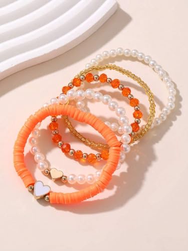 Caiyao Bohemia Multilayer Heart Imitation Pearl Beaded Stackable Bracelets Set Colorful Surfer Heishi Clay Gold Beads Stretch Bracelets for Women Men Summer Beach Boho Vacation Jewelry Gifts - color: Orange