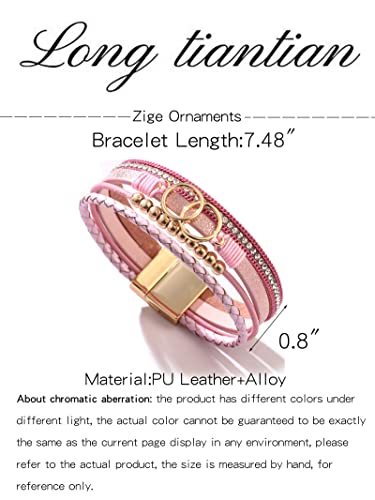 Long tiantian Leather Bracelets for Women Men Heart Wrap Bracelets Western Jewelry Cowgirl Outfits Birthday Gifts for Her - color: E4:pink leather wrap bracelet