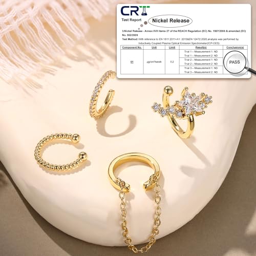 Florideco 4 PCS Ear Cuffs Non Piercing Hypoallergenic 14K Gold Plated Ear Cuff Earrings for Women Trendy CZ Clip On Cartilage Earring Set Dainty Adjustable Fake Piercings Earrings - color: Northstar: 14K Gold Plated