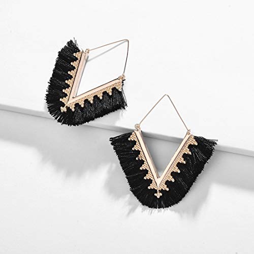 Tassel Hoop Earring Statement Thread Dangle Earrings Stylish Long Fringe Drop Earrings Lightweight Long Swingy French Hook Earrings for Women - color: A Black