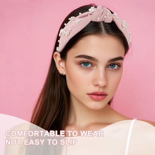 Pink Headband Bow Pearl Knotted Headbands for Women Girls Cute Fashion Wide Headbands for Women Non Slip Hairbands Head Bands for Women's Hair Bow Hair Accessories - color: Pink-03
