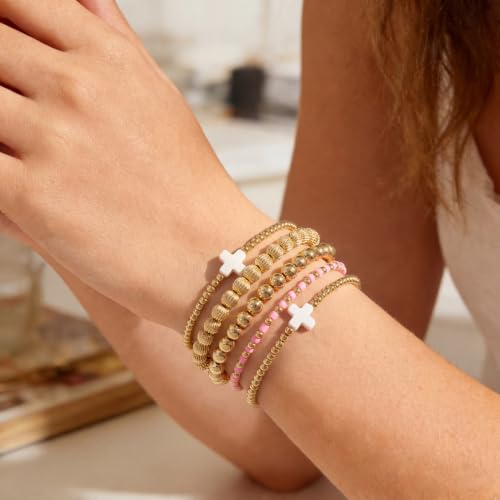 Dainty Gold Plated Pearl Crystal Beaded Bracelets Set for Women 14K Gold Plated Bead Pearl Beads Bracelet Stackable Paperclip Link Chain Bracelets Gold Plated Bracelets for Women Trendy Jewelry - color: Style4-gold bracelets set6