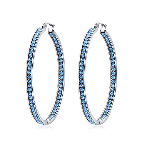 CiNily Mult-colors Crystal Stainless Steel Hoop Earring for Women Hypoallergenic Jewelry for Sensitive Ears Large Big Hoop Earrings 2" - color: Blue