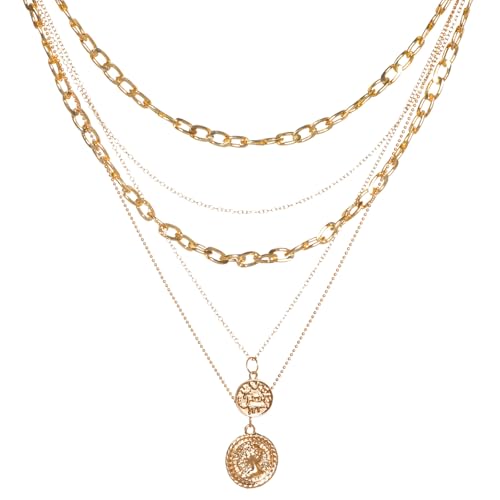 Gold Layered Necklace for Women Chunky Choker Coin Pendant Necklace Pirate Gold Jewelry Necklace 80s 90s
