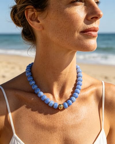 Chunky Beaded Statement Necklace for Women Trendy Colorful Boho Resin Bead Choker Necklaces Summer Handmade Jewelry Gifts Accessories - color: Gold-blue 1