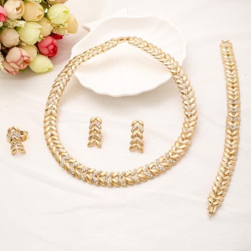Fashion Crystal Jewelry Set Gold Plated Jewelry Weddings Dubai Gold Necklace Earrings Set Gift - color: crystal Leave jewelry set