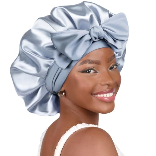 YANIBEST Adjustable Satin Bonnet for Sleeping Women Double Layer Hair Wrap Reduce Friction Prevent Frizz Natural Curly Hair - color: Blue