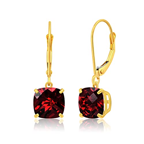 14k White or Yellow Gold Cushion Cut Gemstone Dangle Earrings for Women with 8mm Birthstones by MAX + STONE - color: Garnet