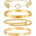 Womens Stackable Floral Gold Bracelets - 4Pcs 18K Gold Plated Bracelet,Stainless Steel Bangle Bracelets Non Tarnish, Gold Bracelet Set Trendy Jewelry,Christmas Valentines Birthday Gifts for Girlfriend - color: Bracelets Stack 4Sets (Floral White+Gold Brac