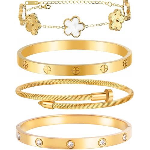 Womens Stackable Floral Gold Bracelets - 4Pcs 18K Gold Plated Bracelet,Stainless Steel Bangle Bracelets Non Tarnish, Gold Bracelet Set Trendy Jewelry,Christmas Valentines Birthday Gifts for Girlfriend - color: Bracelets Stack 4Sets (Floral White+Gold Brac