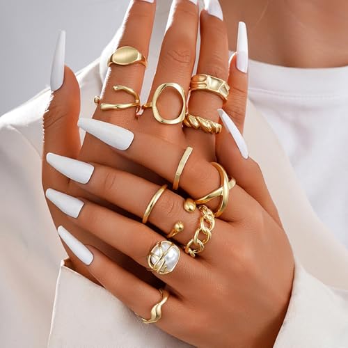Chunky Gold Rings for Women Non Tarnish Boho Stackable Rings Set Adjustable Open Joint Finger Midi Knuckle Ring Packs - color: Gold Chunky Rings 12Pcs