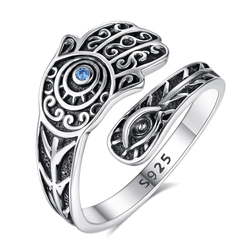 Vito 925 Sterling Silver Adjustable Open Spoon Ring for Women Men, Lotus Sunflower Snake Spoon Band Rings Feather Hug Witches Knot Inspirational Jewelry Gift for Wife - style: Evil Eye