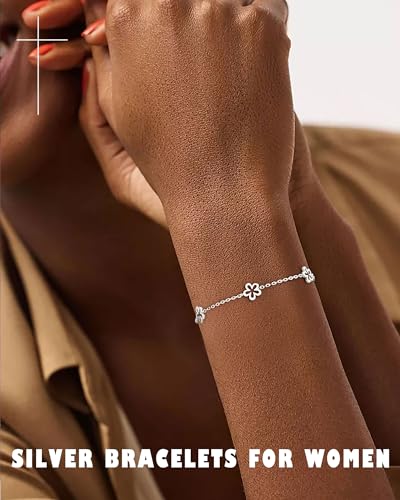 KOHOTA Silver Gold Bracelets for Women Trendy 14K Gold Plated Bracelet for Women Non Tarnish Dainty Stackable Clover Flower Heart Butterfly Diamond CZ Charm Station Bracelets Stack Jewelry Gifts - color: B: Flower-Silver