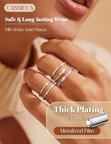 CASSIECA Non Tarnish 14K Gold Plated Stackable Rings for Women Cubic Zirconia Band Rings Set Dainty Trendy Statement Engagement Promise Stacking Ring Size 5-10 - color: Silver