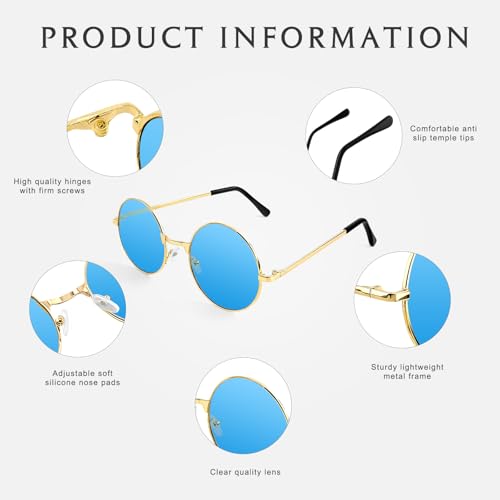 NACHLYNN Round Hippie Sunglasses Metal Border Circle Hippie Glasses UV380 Protection 70s Sunglasses for Men Women Party Favor - color: Blue