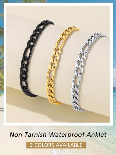 FindChic Stainless Steel Ankle Bracelets for Women, Waterproof Figaro/Cuban/Box/Beaded Chain Anklets, Summer Beach Foot Jewelry, 8.5''-10.5'' Adjustable Length, with Gift Box - style: A Figaro Chain-Black