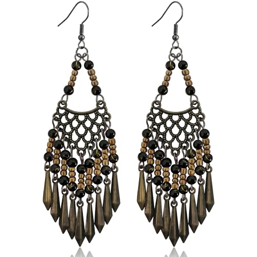 Handmade Vintage Bronze Bohemian Long Tassel Colorful Bead Dangle Drop Earrings Big Tribal Chandelier Geometry Hook Earrings for Women Statement Jewelry Gifts - color: Black