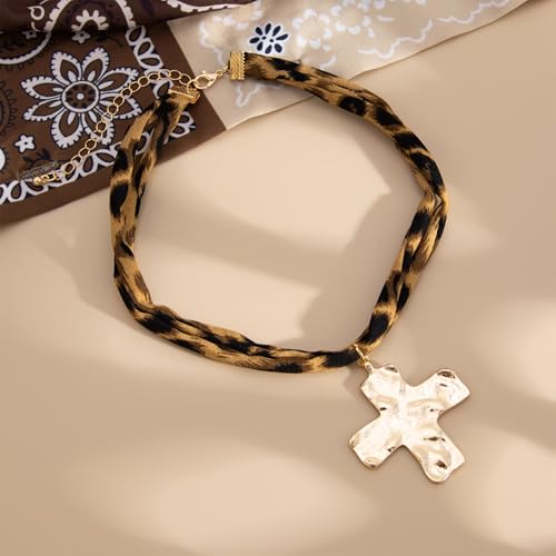 Scarf Necklace with Charm Gold Starfish Chunky Cross Heart Flower Pendants Bandana Charm Necklace Western Scarf for Women Boho Cowgirl Country Cowboy Accessories Beach Vacation Vacation Outfits Jewelry - color: A2-Scarf Necklace With Cross Charm