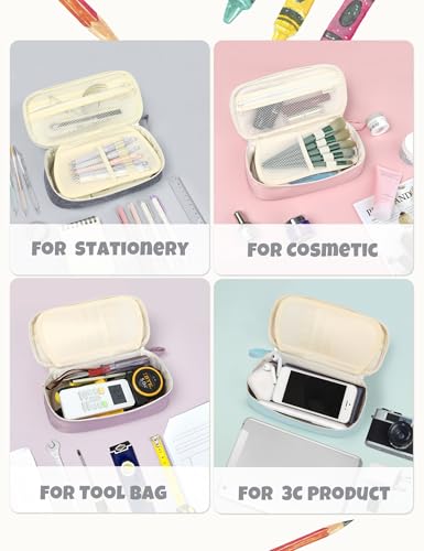 SUNEE Cute Pencil Case, Aesthetic Pen Pouch, Colored Large Pencil Bag with Zipper, Kawaii Stationery Storage and Organizer, School Supplies for Teen and Adult Girls, Gray - color: Grey