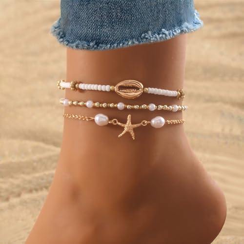 Shell Bracelet,Gold Plated Starfish Ankle Bracelets for Women Waterproof Stack Beaded Anklet Boho Hawaiian Vacation Beach Jewelry Gifts - style: starfish